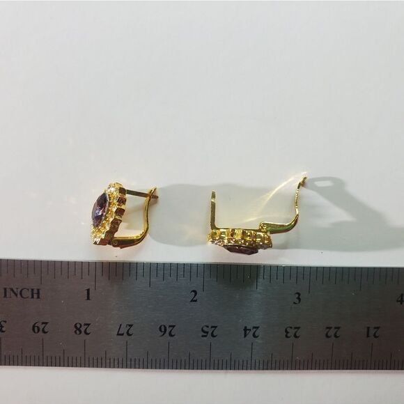 14K Yellow Gold on 925  Red Sapphire & White Baguette Diamond Leverback Earrings - Picture 6 of 7